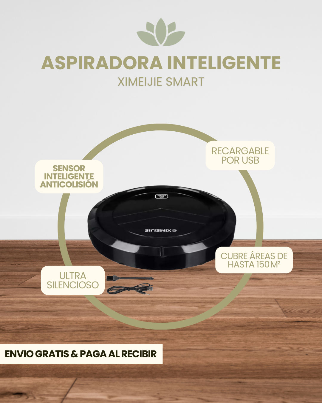 Robot Aspiradora Inteligente - Recargable, Limpieza Silenciosa y Eficiente