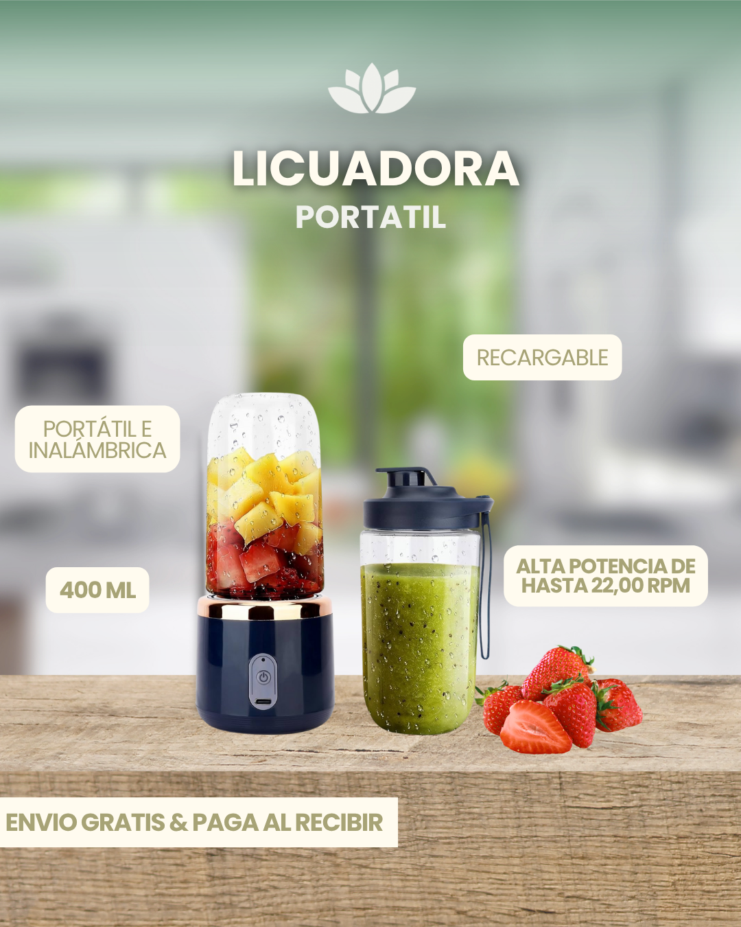 Licuadora Portátil Recargable de Alta Potencia – 6 Cuchillas y 22,000 RPM