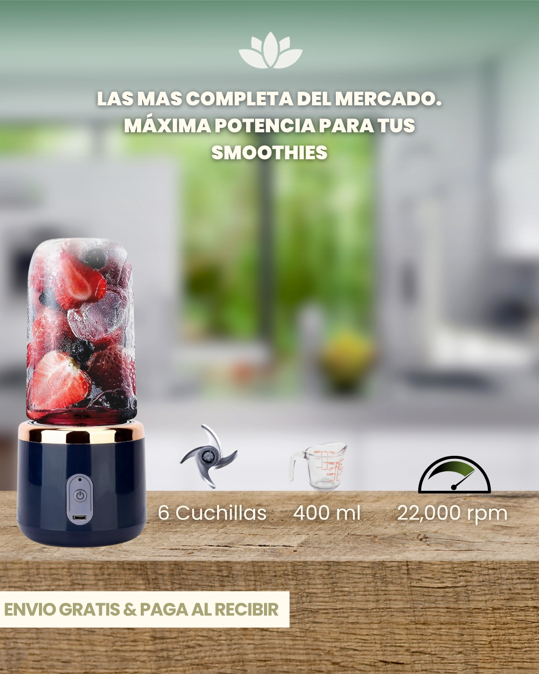 Licuadora Portátil Recargable de Alta Potencia – 6 Cuchillas y 22,000 RPM
